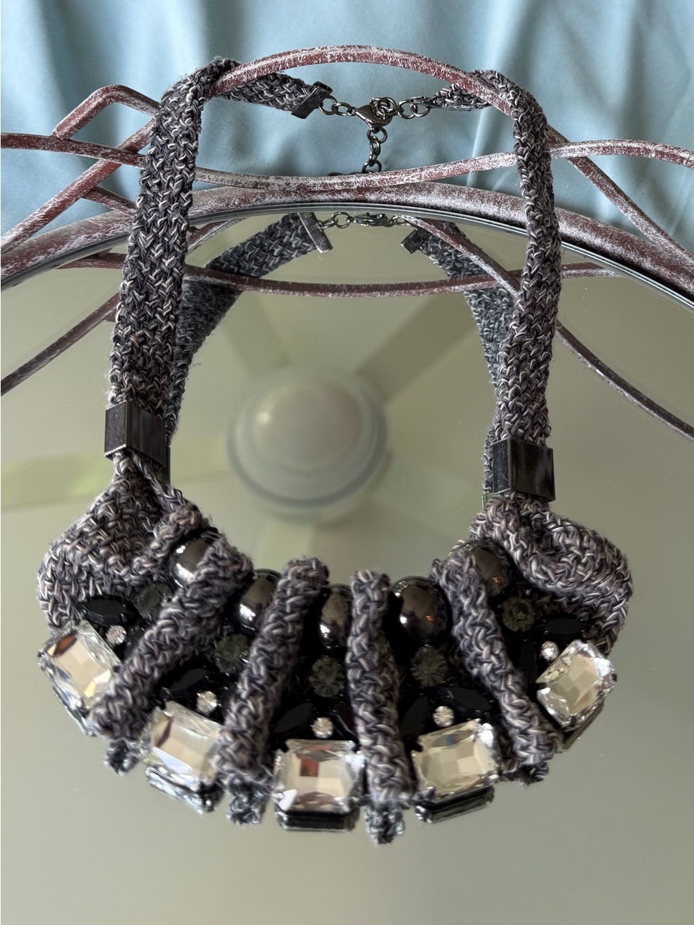 Statement Gray Crystal Knit Bib Necklace
